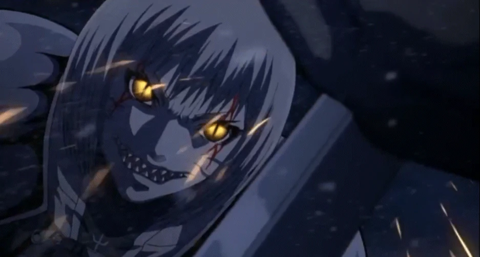 Clare with her eyes turned gold from releasing her yoki
