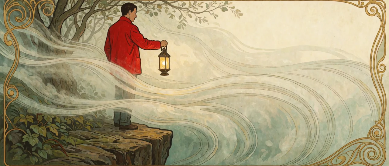Holding a lantern out into the fog. Only half the path ahead shows.