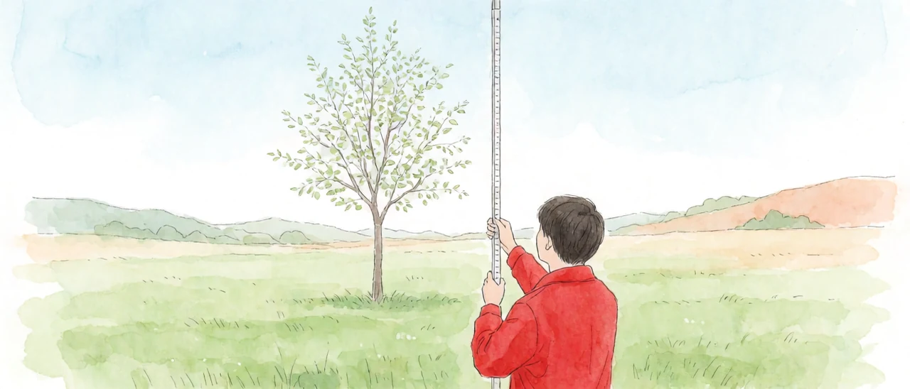 Standing a graduated staff beside a tree and measuring it.