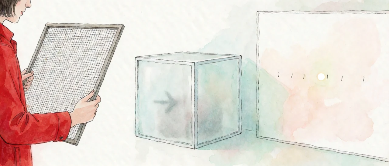 The arrow in the fogged box cannot be seen; only after passing the grid does a dot land on one tick.