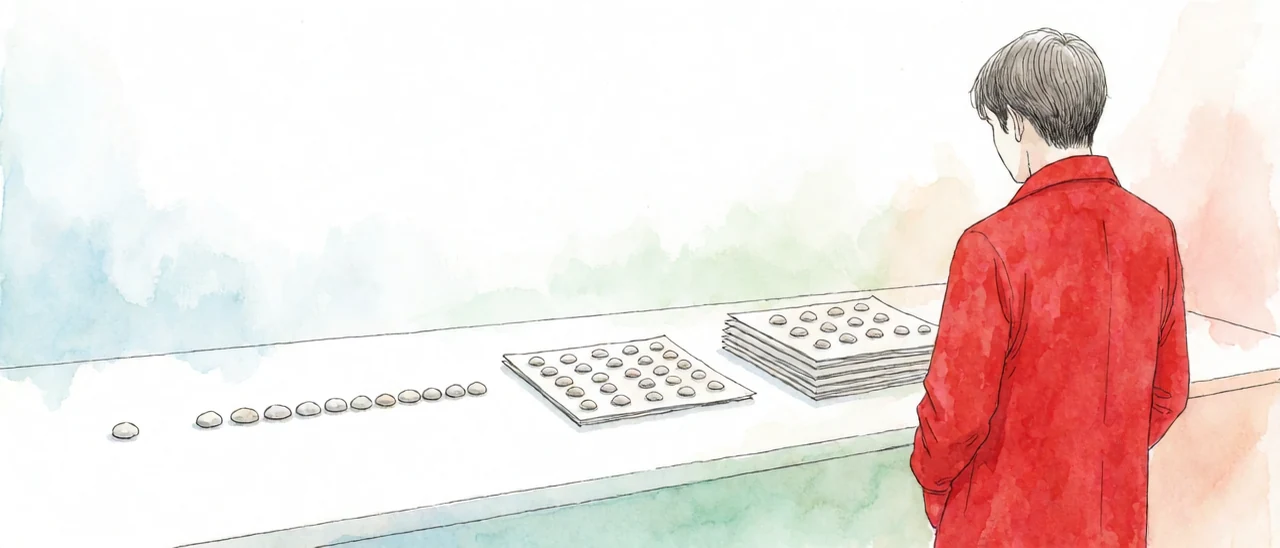 One stone, a row of stones, a sheet of rows, a stack of sheets.
